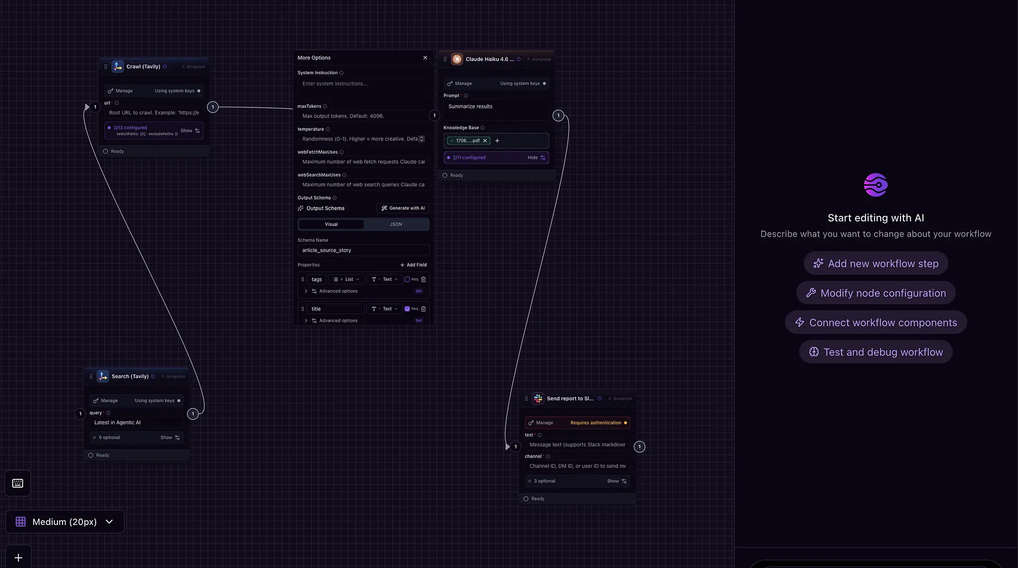 CogniPal workflow builder showing connected AI assistant nodes